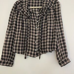 Doen Joelle top - navy ruffle plaid, size S